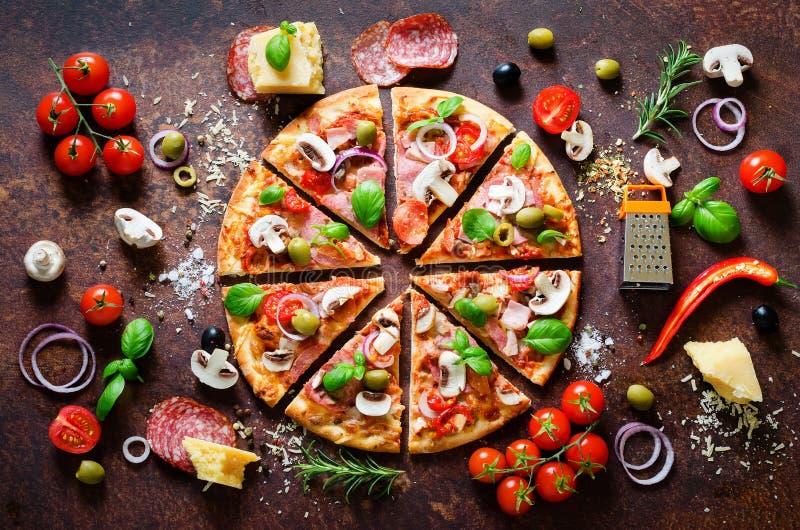 Food ingredients and spices for cooking delicious italian pizza. Mushrooms, tomatoes, cheese, onion, oil, pepper, salt royalty free stock photos Food ingredients and spices for cooking delicious italian pizza. Mushrooms, tomatoes, cheese, onion, oil, pepper, salt royalty free stock photos