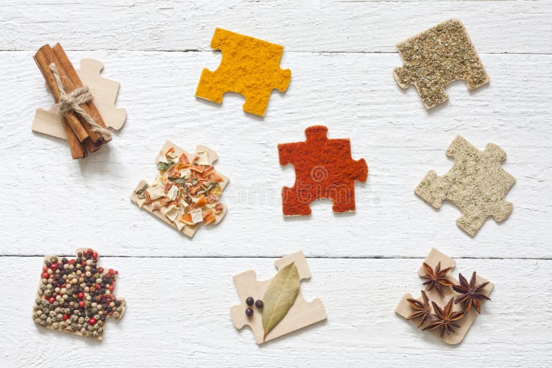 Food ingredients spices and puzzle diet concept stock photo Food ingredients spices and puzzle diet concept stock photo