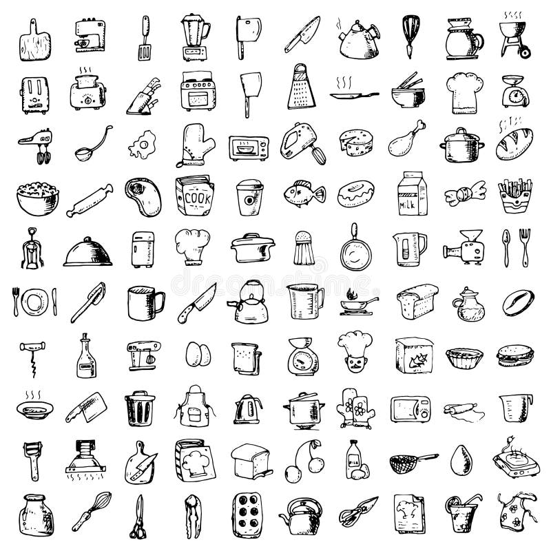 Premium Vector  A set of hand-drawn kitchen tools. cute cooking and baking  elements. hand-drawn vector illustration