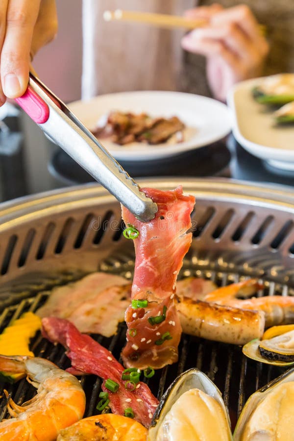 Food on Korean BBQ Grill, Meat and Vegetable Stock Image Image of