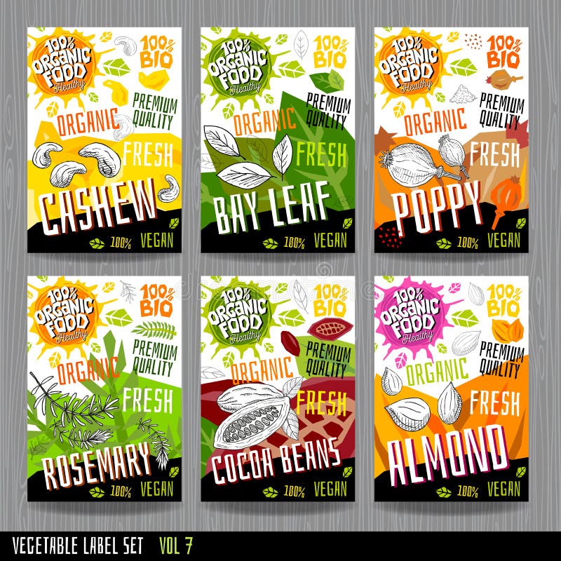 Food label set stickers collection vegetable labels spices package design Cashew poppy cocoa beans rosemary, bay leaf, almond nuts