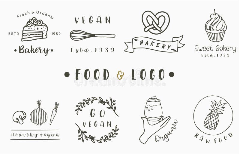 Food Logo Collection with Cake,drink,noodle, Illustration  for Icon,logo,sticker,printable and Tattoo Stock Vector - Illustration of  healthy, line: 194967420