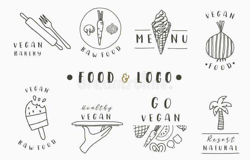 Food logo collection with fork,ice cream,onion,coconut tree.Vector illustration for icon,logo,sticker,printable and tattoo royalty free illustration Food logo collection with fork,ice cream,onion,coconut tree.Vector illustration for icon,logo,sticker,printable and tattoo royalty free illustration