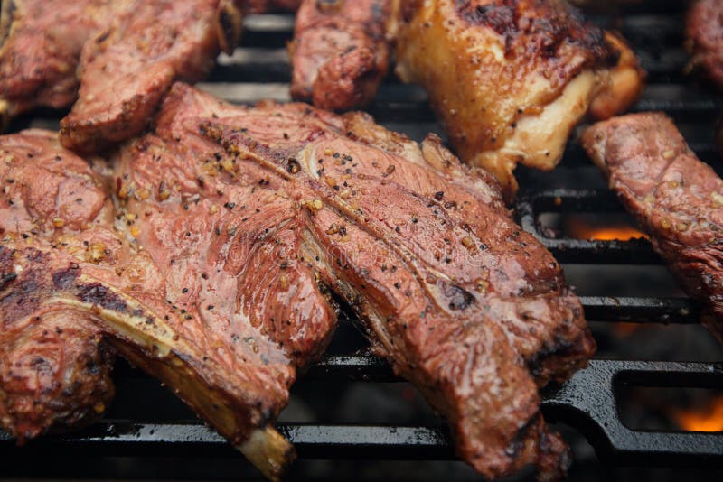 Food meat - chicken and beef on barbecue grill