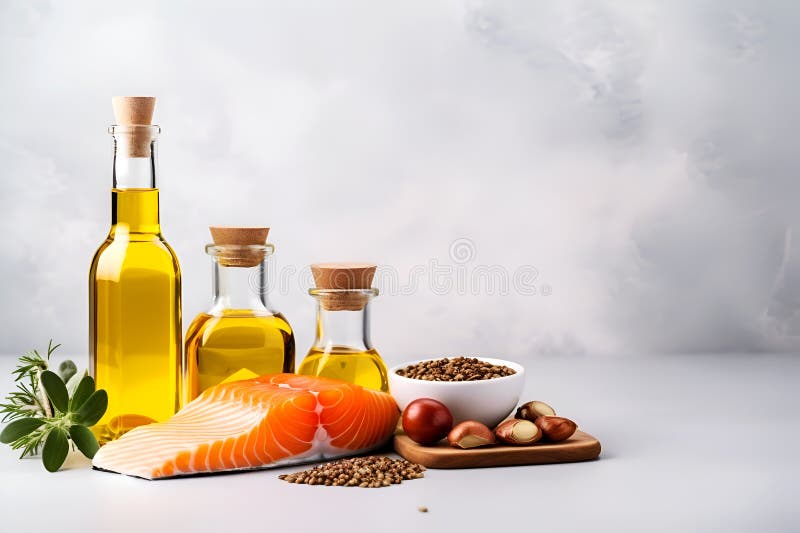 Food with omega 3, copy space. Omega-3 Foods: Fresh salmon fillet with nuts, herbs, spices, and olive and linseed oil. Rich-