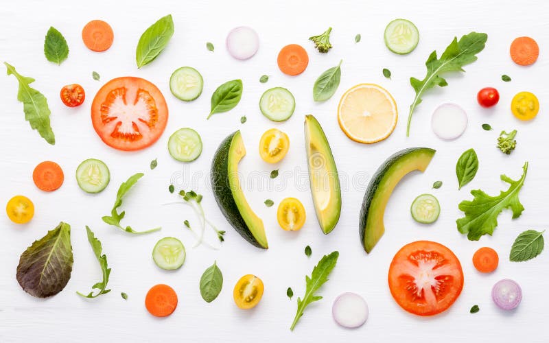 Food pattern with raw ingredients of salad, lettuce leaves, cucu royalty free stock photography Food pattern with raw ingredients of salad, lettuce leaves, cucu royalty free stock photography