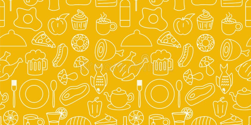 Food pattern with seamless hand drawn plate, fork, spoon, beer, noodle, egg, and meat on yellow background vector illustration