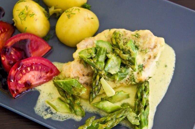 Food photography: chicken breast meat with asparagus and cream sauce royalty free stock images Food photography: chicken breast meat with asparagus and cream sauce royalty free stock images