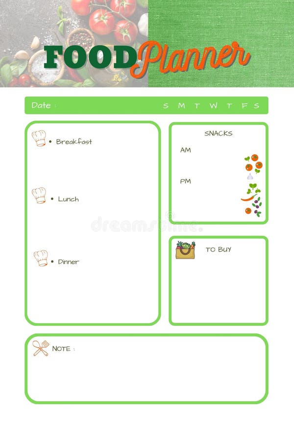 Food planner digital printable blank template insert vector illustration