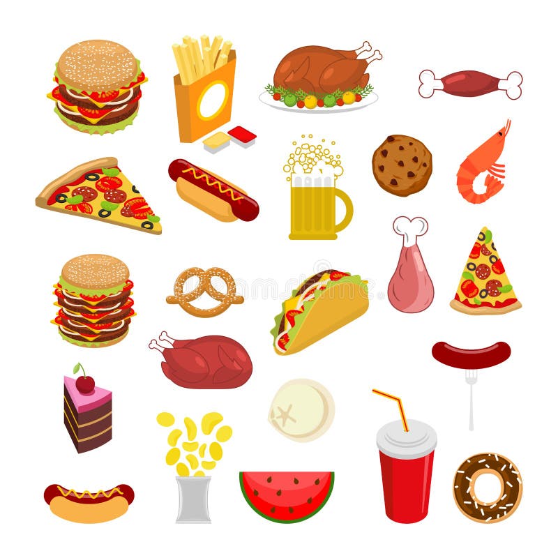 Food set. Signs of feed. Icon Collection of meat. stock illustration Food set. Signs of feed. Icon Collection of meat. stock illustration