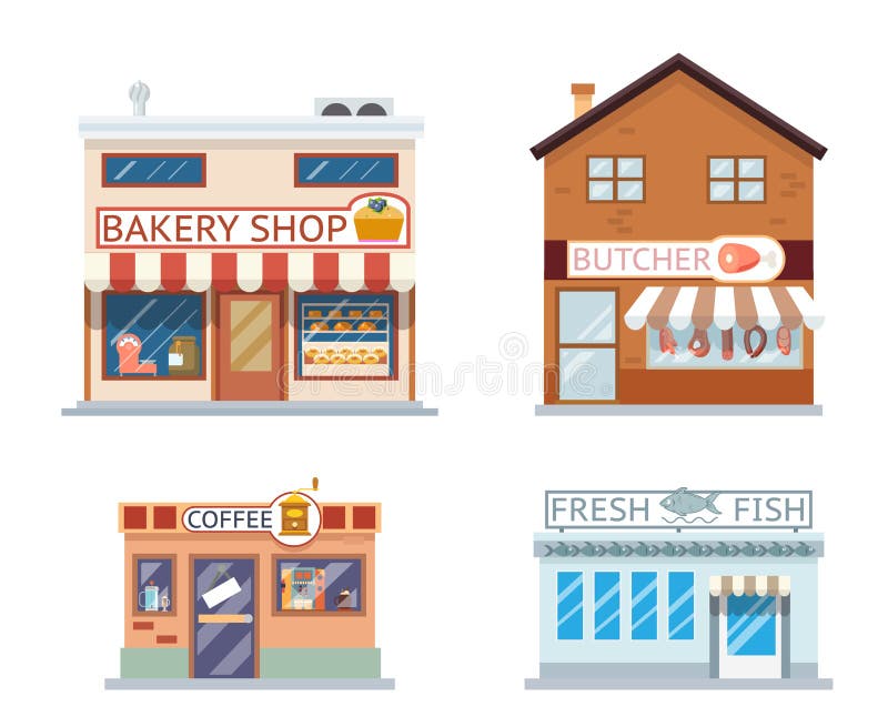 Food shops building set butcher coffee fish bakery flat design vector illustration