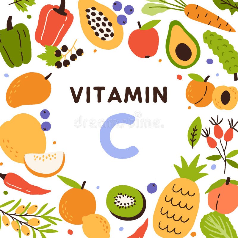 Food sources of Vitamin C. Frame of natural antioxidants, citrus fruits and vegetables enriched with ascorbic acid. Card