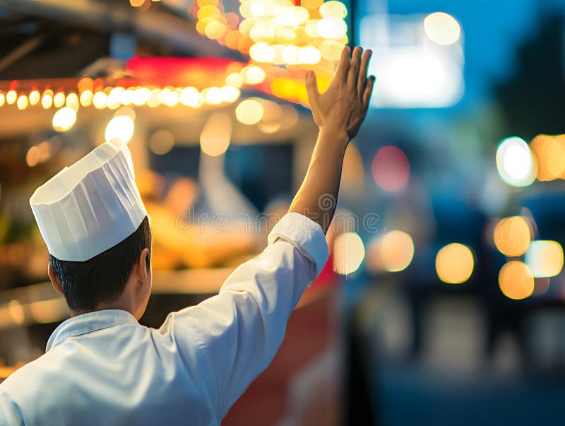 Food truck chef waving to customer, sandwich in hand, joyful moment with bokeh city lights royalty free stock images