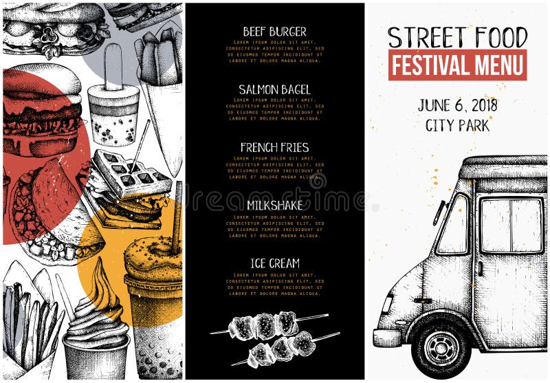 Fast food sketch collection for cafe or restaurant design. Engraved style booklet template. Street food festival menu. Vector iilustration. French restaurant menu design template vectors