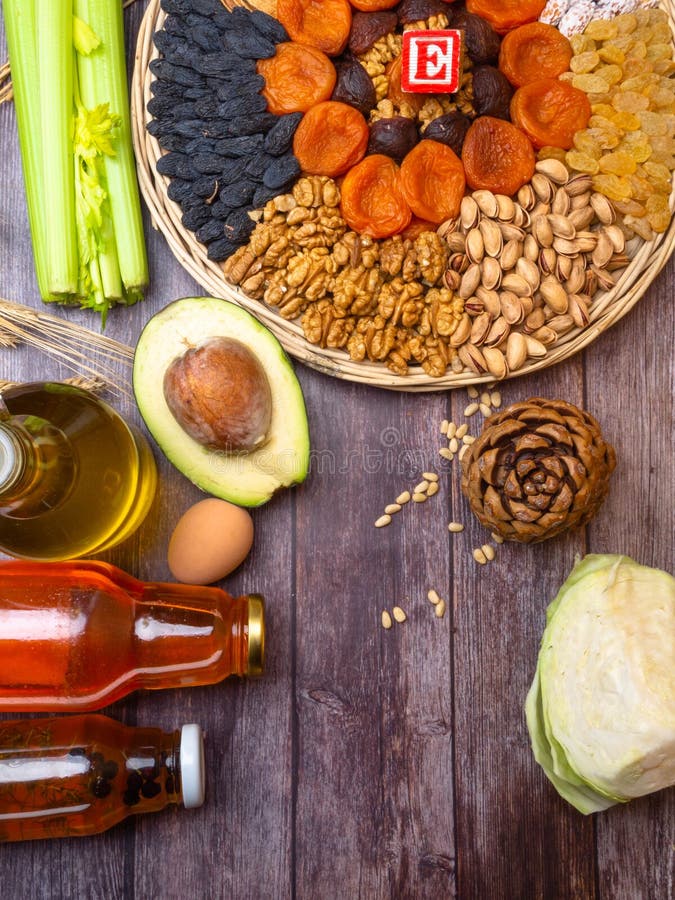 Tocopherol or Vitamin E Rich Food in Wooden Board Stock Image Image