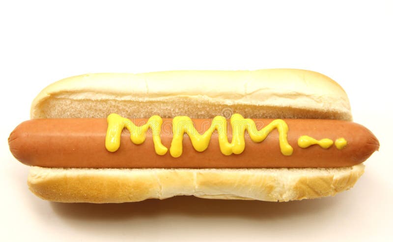 Foot Long Hot Dog with MMM... written in mustard.