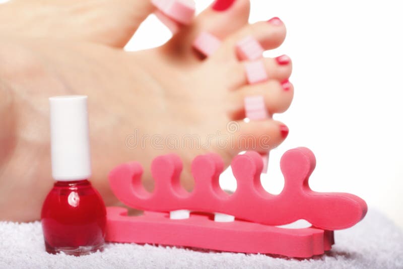 Foot Pedicure Applying Red Toenails On White Stock Photo - Image of ...