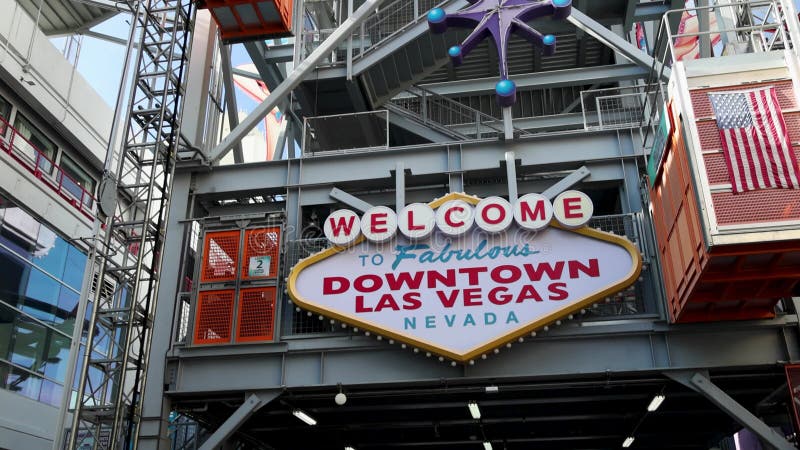 Footage of Welcome to Fabulous Downtown Las Vegas sign at SlotZilla Zipline at the Fremont Street Experience in Las Vegas Nevada. USA