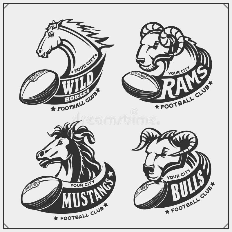 Football badges, labels and design elements. Sport club emblems with ram, bull and horse. Print design for t-shirts. royalty free illustration Football badges, labels and design elements. Sport club emblems with ram, bull and horse. Print design for t-shirts. royalty free illustration