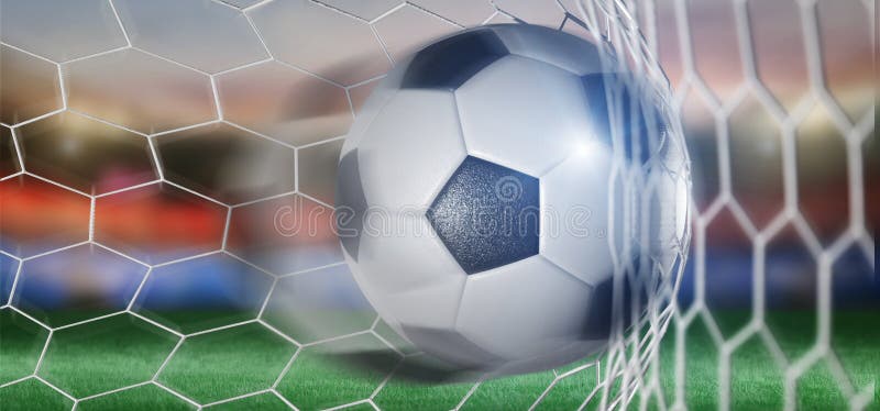 Football Ball on the Field of a City Stadium 3d Rendering Stock