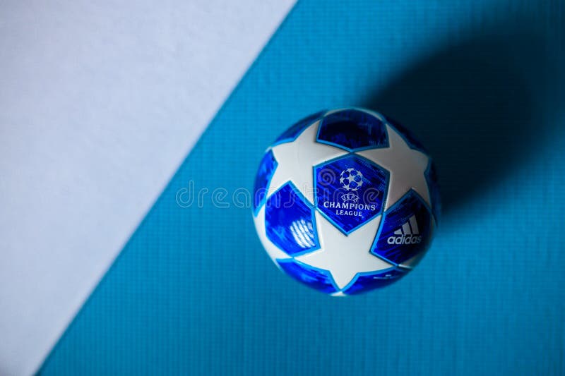 Football Champions League Ball, Blue Background, White Edit Space Editorial  Photo - Image of broadcast, january: 170335546