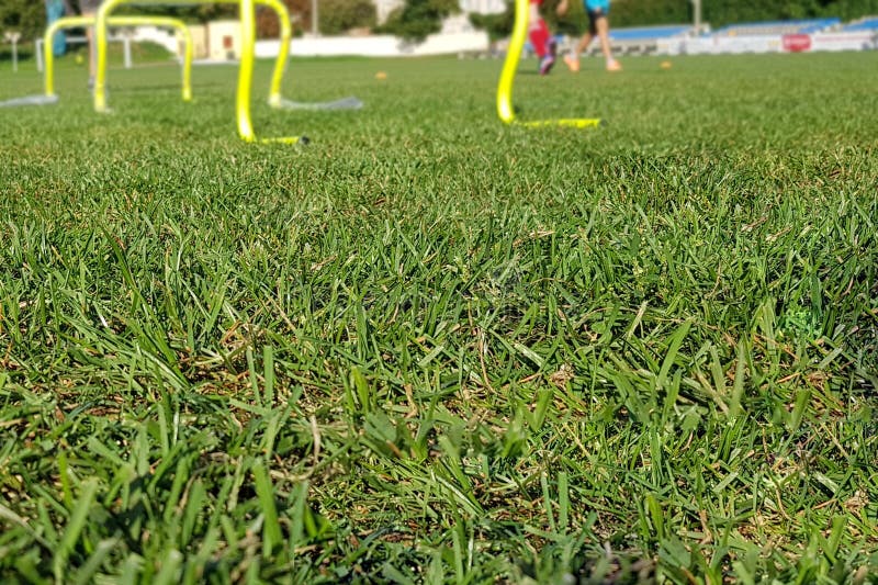 Football equipment football field training view from below stock photography