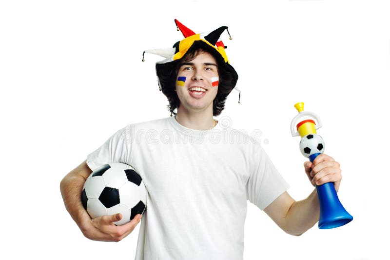 Football fan with ball and trumpet