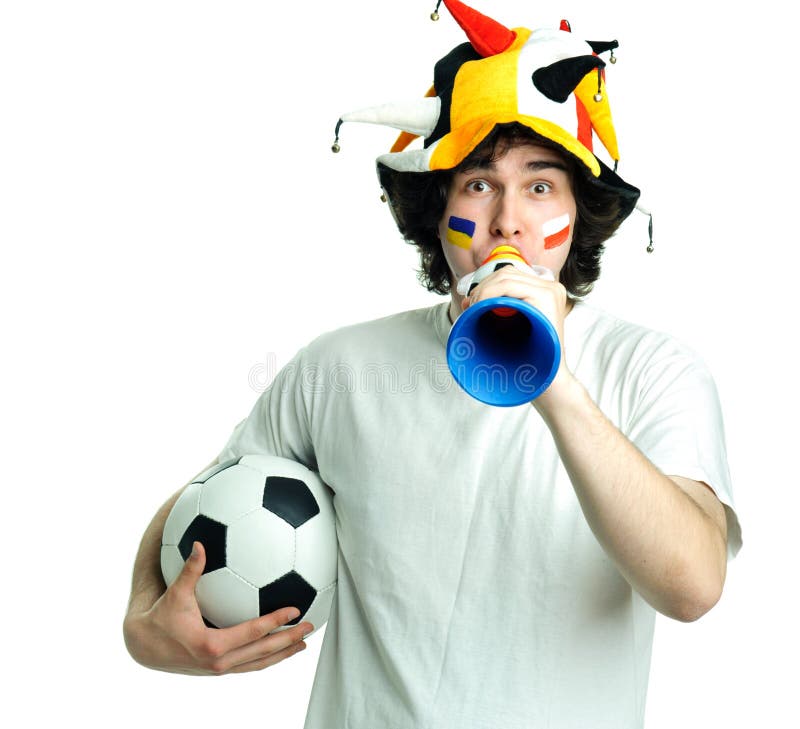 Football fan with ball and trumpet