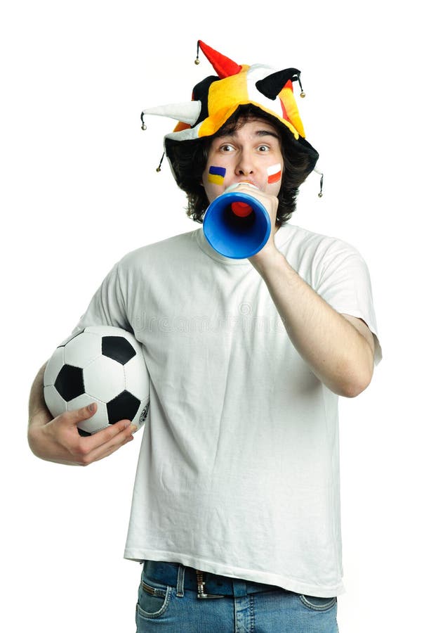 Football fan with ball and trumpet