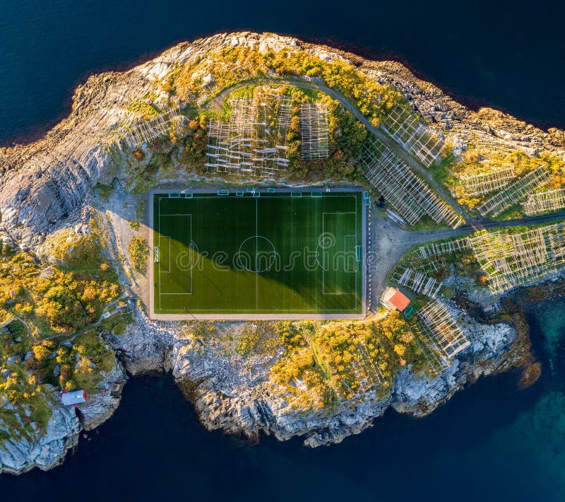 Football field in Henningsvaer from above