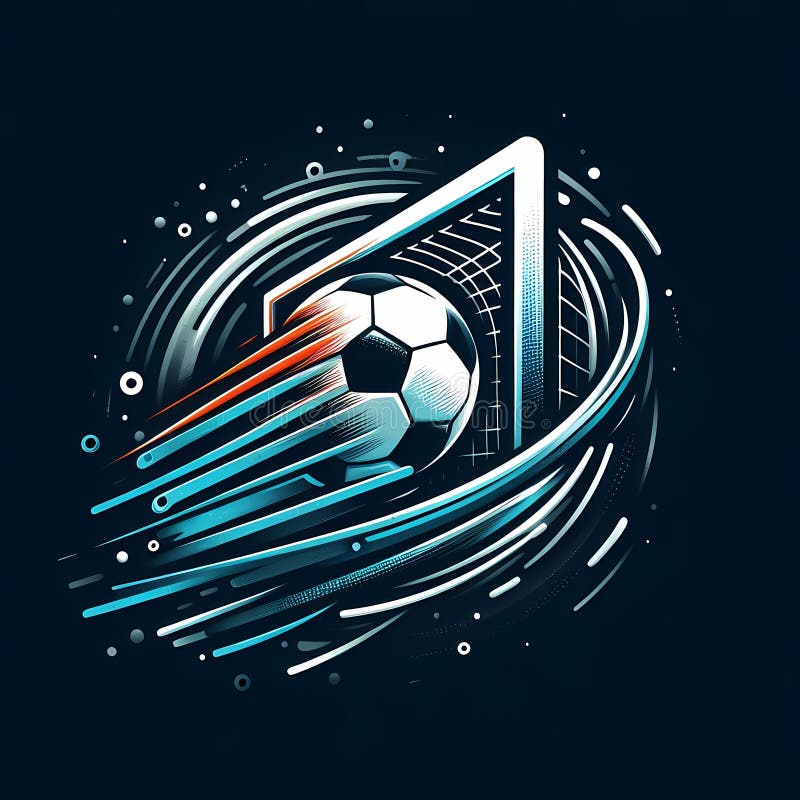 A football logo design, as the nucleus of an atom, with orbiting elements, representing teamwork and synergy, no background stock photography