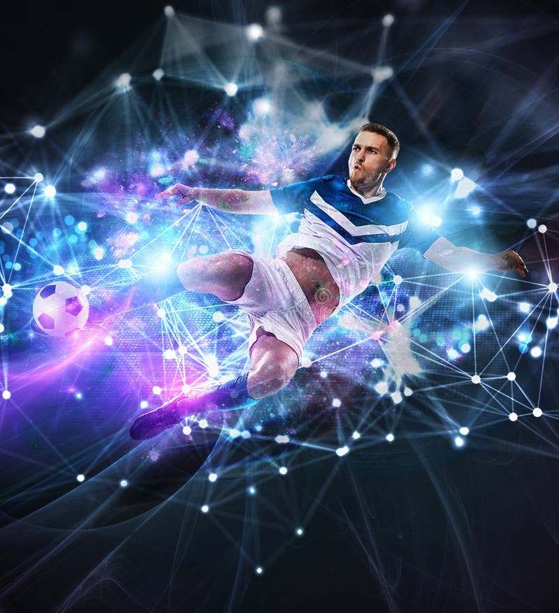 Football scene with soccer player in front of a futuristic digital background