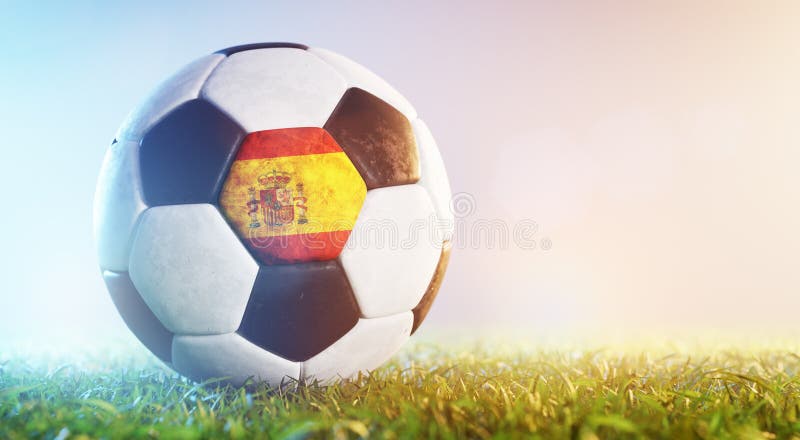 Football Soccer Ball with Flag of Spain on Grass Stock Photo - Image of