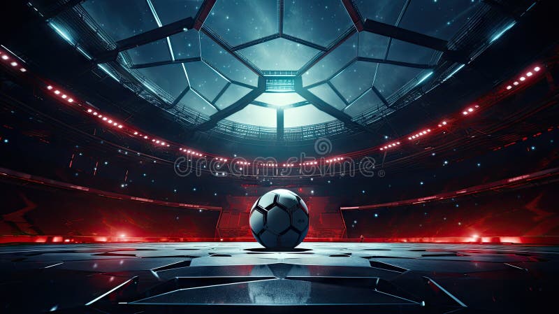 Football, soccer ball on modern style sport arena with glass roof, audience and red flashlights. Ai generated art