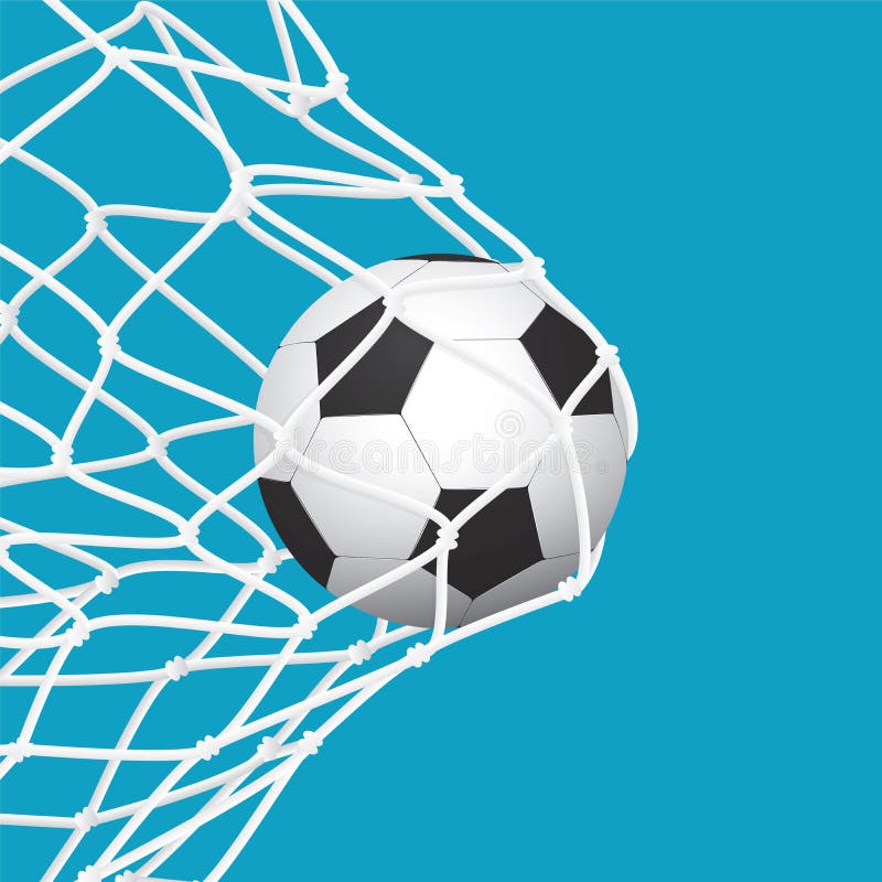 Football / Soccer Goal. Ball in Net on Blue Background.