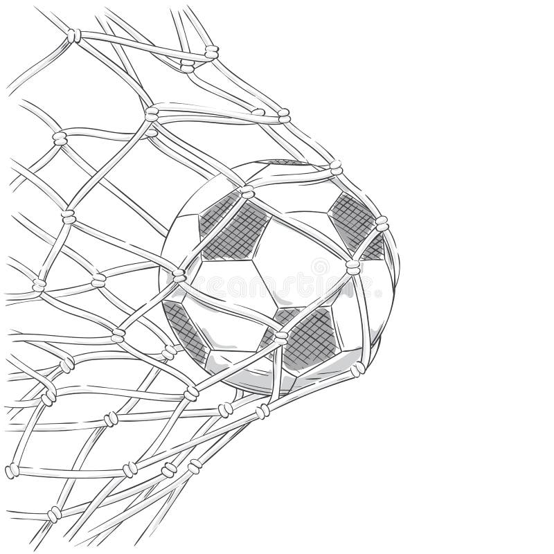 Football / Soccer goal. Ball in net. Hand drawn style background