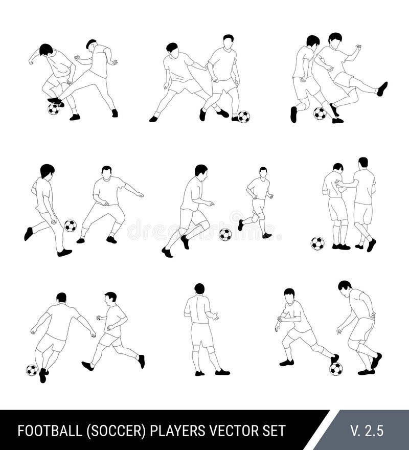 Football, Soccer Players Outline Vector Set. Different Poses of Players ...