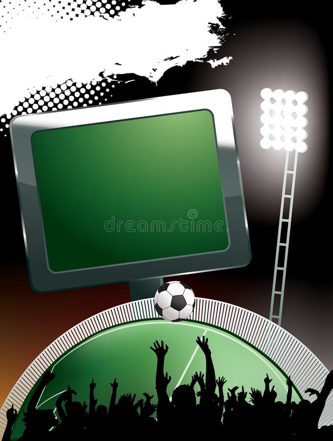 Football stadium banner with light and hands. Grass night sky background vectors