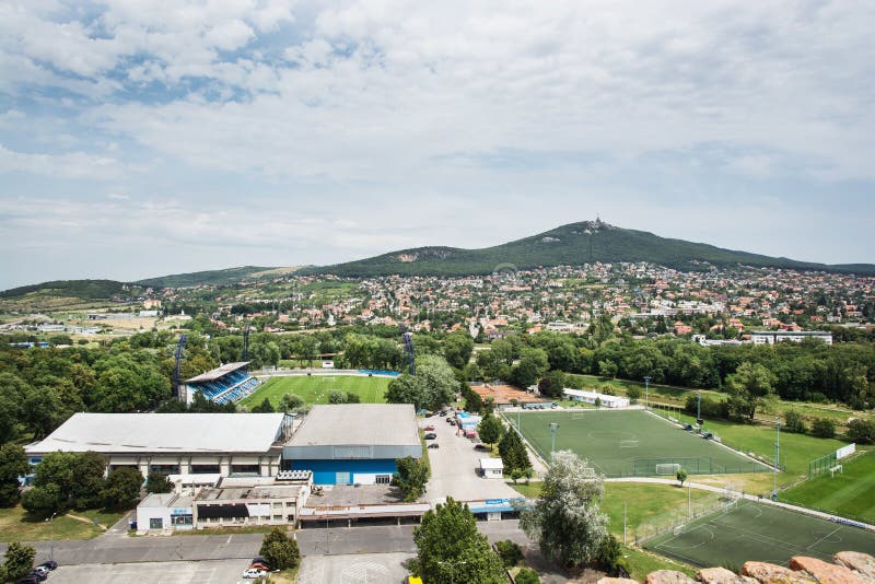 Football stadium in Nitra city and hill Zobor