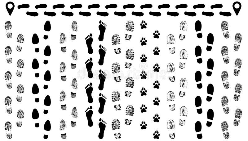 Footprint of shoes on the road, isolated set silhouette vector. stock illustration Footprint of shoes on the road, isolated set silhouette vector. stock illustration