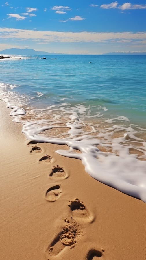 Footprints On Ocean Sandy Beach Vertical Mobile Wallpaper