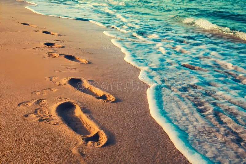 Footprints on sandy beach being washed away, transient imprints Generative AI