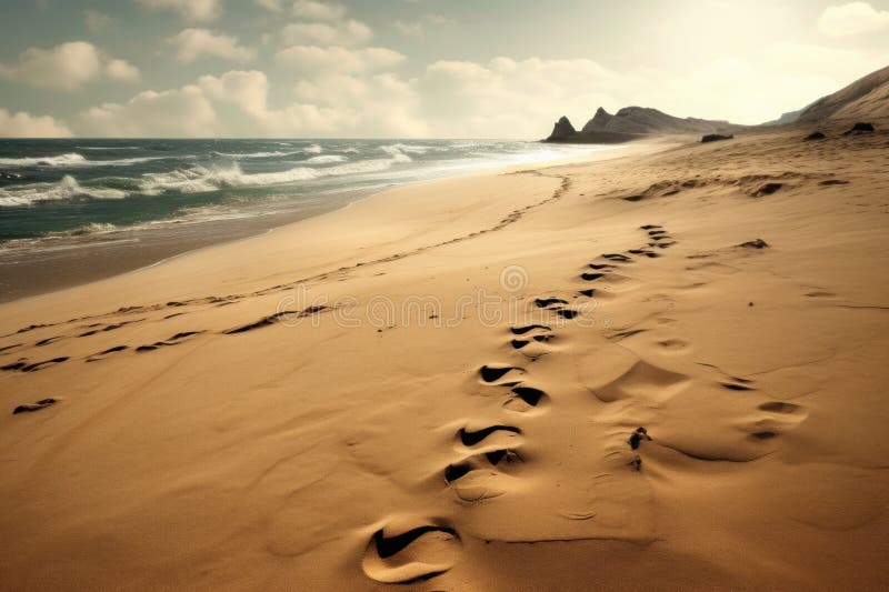 Footprints on a sandy beach. Generative AI. Footprints on a sandy beach. Generative AI