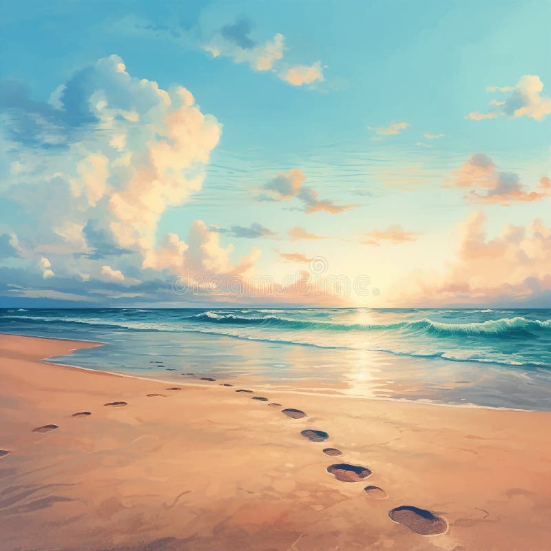 Immerse yourself in the beauty of the beach with this vibrant and dream-like depiction of footprints on a sandy beach. Each footprint leads in a different direction, symbolizing the diverse paths we take in life. The soft sand and picturesque scenery create a sense of tranquility and serenity, inviting you to explore and embrace the wonders of nature. AI generated