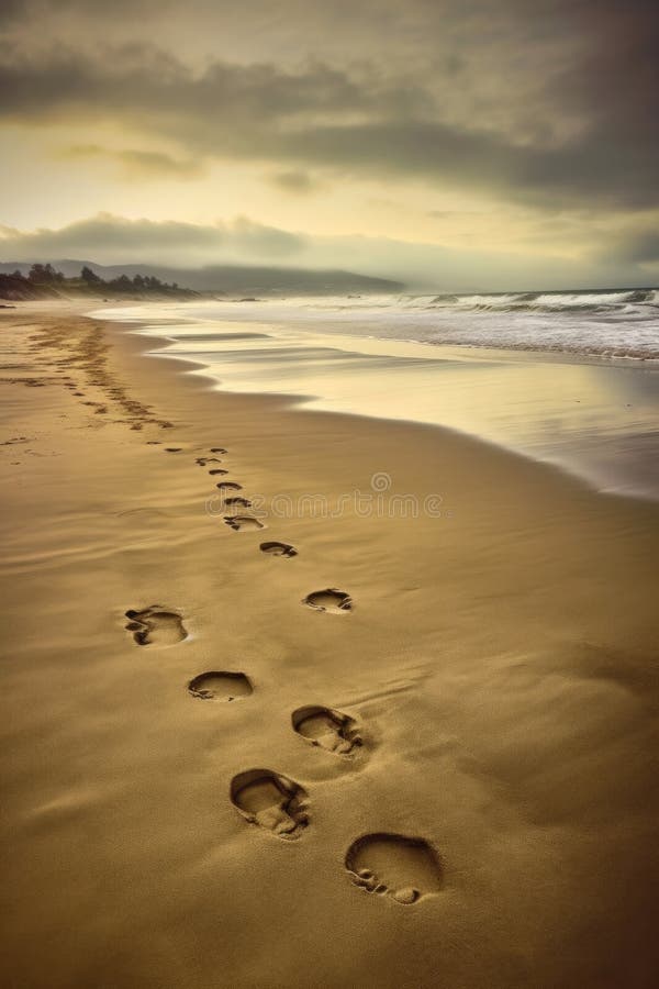 footprints on a sandy beach leading to the horizon, created with generative ai