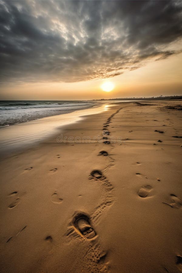 footprints on a sandy beach leading to the horizon, created with generative ai