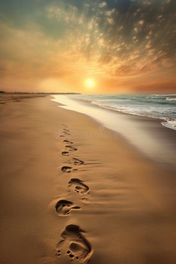 footprints on a sandy beach leading to the horizon, created with generative ai