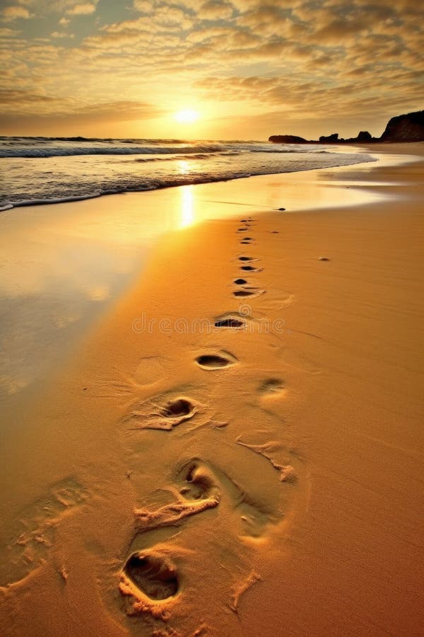 footprints on a sandy beach leading to the horizon, created with generative ai