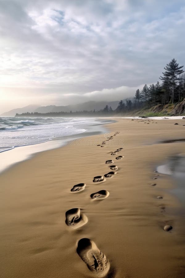 footprints on a sandy beach near the ocean, created with generative ai