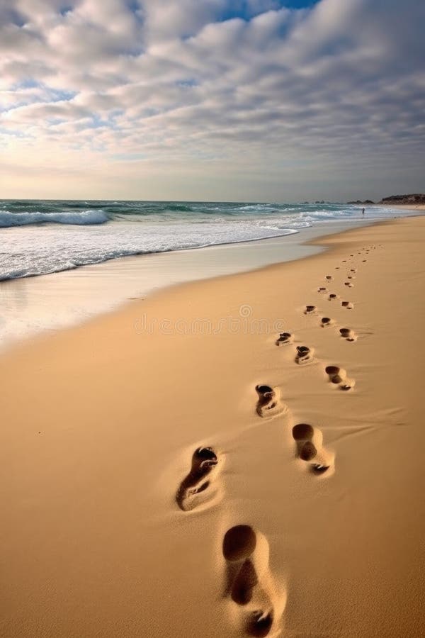 footprints on a sandy beach near the ocean, created with generative ai